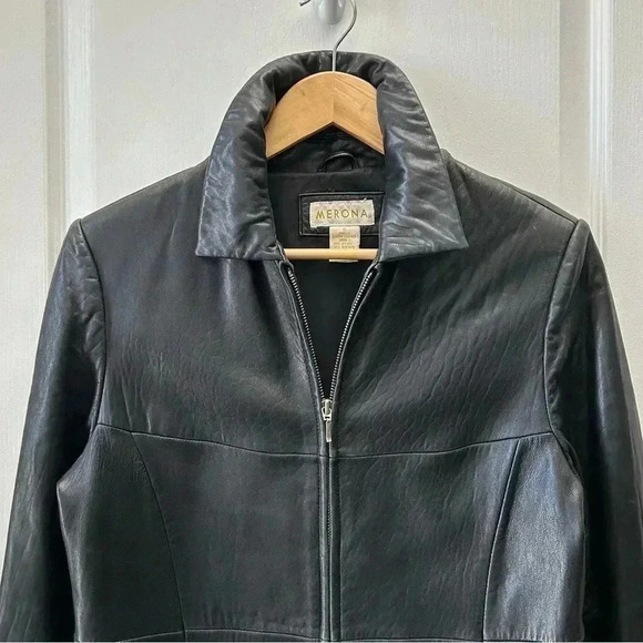 Merona Genuine Leather Jacket Coat Blazer Zipper Front Black Size Small - Picture 5 of 16